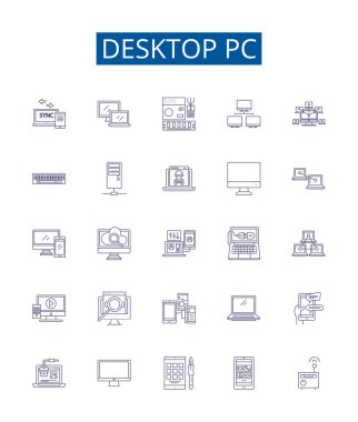 Masaüstü pc satır simgeleri ayarlandı. Bilgisayar, Masaüstü, PC, Masaüstü PC, Çalışma İstasyonu, Kule, Monitör, Fare ana hatları konsepti çizimleri tasarım koleksiyonu