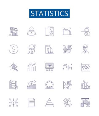 İstatistik çizgisi simgeleri ayarlandı. İstatistik, veri, analiz, örnekler, popülasyon, varyasyon, ortalama, medyan ana hatlı vektör çizimleri tasarım koleksiyonu