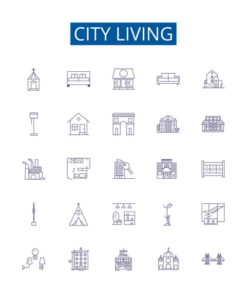 City Levende Lijn Pictogrammen Borden Ingesteld Design Collectie Van Urban — Stockvector