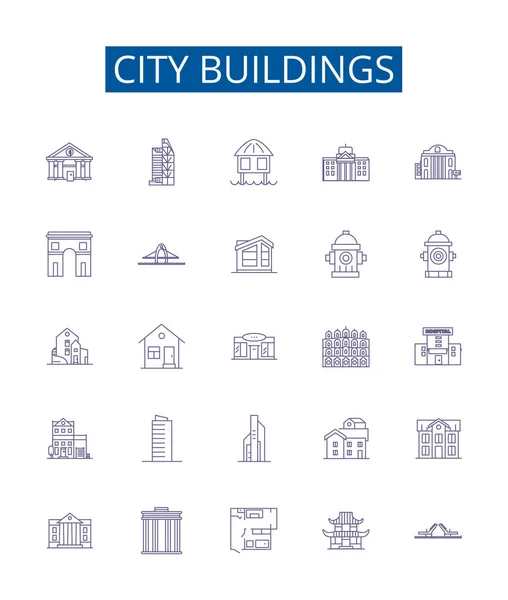 Městské Budovy Jsou Označeny Ikonami Konstrukční Kolekce Mrakodrapů Věží Komplexů — Stockový vektor