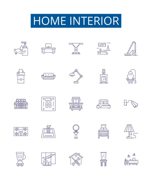 Home Interior Line Icons Signs Set Design Collection Decor Furnishings — Stock Vector