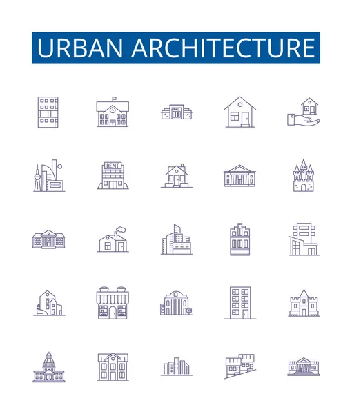 Městská Architektura Čára Ikony Značky Nastaveny Design Kolekce Urbanity Architektura — Stockový vektor