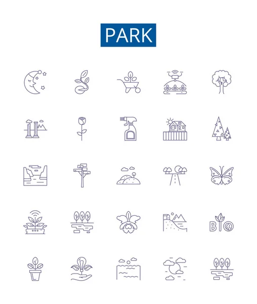 Parklijn Pictogrammen Ingesteld Design Collectie Van Park Parkland Amusement Recreatie — Stockvector
