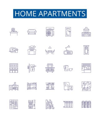 Ev evleri çizgisi simgeleri ayarlandı. Apartman, Konut, Konut, Konut, Konut, Konaklama, Konaklama, Konut, Konut, Konut çizgisi konsept çizimleri tasarımı