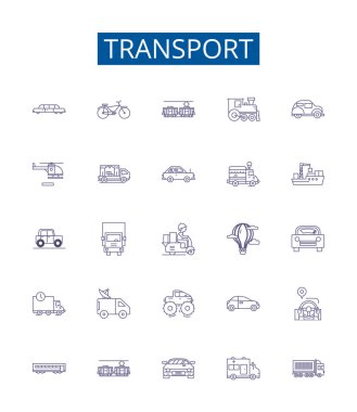 Işınlama hattı simgeleri ayarlandı. Taşımacılık, Nakliye, Feribot, Teslimat, Taşıma, Seyahat, Demiryolu, Yol ana hatları vektör çizimleri tasarımı