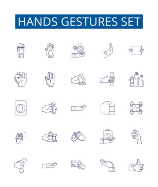 Hands gestures set line icons signs set. Design collection of Gesticulate, Waving, Pointing, Grasping, Clasping, Signaling, Flourishing, Flicking outline vector concept illustrations clipart