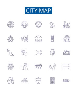Şehir haritası simgeleri ayarlandı. Şehir, Harita, Şehir, Şehir, Coğrafya, Çizelge, Plan, Kılavuz konsept çizimlerinin tasarım koleksiyonu