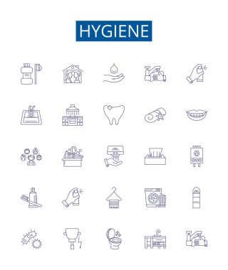 Hijyen çizgisi simgeleri ayarlandı. Temizlik, Temizlik, Temizlik, Steril, Sağlık, Taze, Sabun, Yıkama, Antiseptik ana hatları çizim çizimleri tasarımı