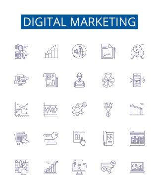 Dijital pazarlama çizgisi simgeleri ayarlandı. Dijital, Pazarlama, SEO, Sosyal, Medya, Analiz, PPC, Reklam ana hatları vektör çizimleri tasarım koleksiyonu