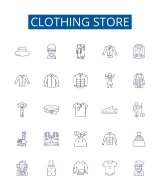 Giysi mağazası simgeleri ayarlandı. Giyim, Giyim, Giyim, Mağaza, Kıyafet, Butik, Dükkan, Retailer ana hatları vektör çizimleri tasarım koleksiyonu