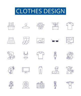 Kıyafet tasarım çizgisi simgeleri ayarlandı. Giysi, giysi, giysi, giysi, giysi, kıyafet, kostüm, stil ana tasarım vektör çizimleri koleksiyonu