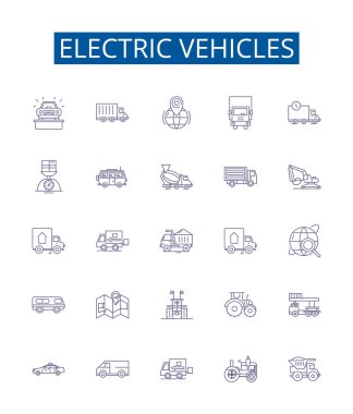 Elektrikli araçlar çizgisi simgeleri ayarlandı. Elektrik, Araçlar, EVler, Batarya, Melez, Fişe tak, Güç, Şarj Edici vektör çizimleri tasarım koleksiyonu