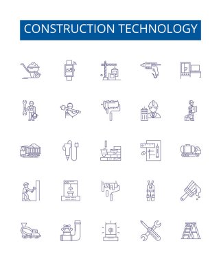 İnşaat teknolojisi çizgisi simgeleri ayarlandı. İnşaat, Teknoloji, İnşaat, Mühendislik, Tasarım, Robotik, Otomasyon, Malzeme ana hatları vektör çizimleri tasarımı