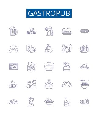 Gastropub çizgi simgeleri ayarlandı. Pub, Gastro, İçecek, Mutfak, Restoran, Yiyecek, Bira, Şarap ana hatları çizim çizimleri