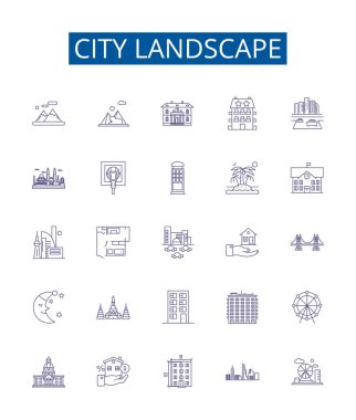 Şehir peyzaj çizgisi simgeleri ayarlandı. Urban, skyline, streetscape, skyline, architecture, metropolis, vista, hustle outline vektör çizimleri tasarım koleksiyonu