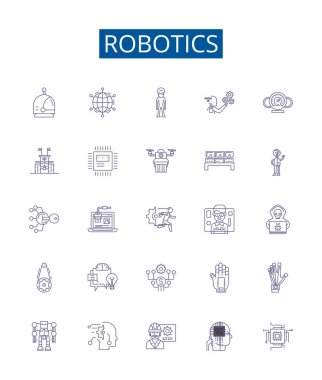 Robot çizgisi simgeleri ayarlandı. Robotik, Otomasyon, Yapay Zeka, Makineler, Kodlama, Algoritmalar, Kontrol ana hatları vektör çizimleri tasarımı