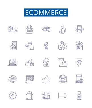 Ticaret hattı simgeleri ayarlandı. Alışveriş, satın alma, satış, ticaret, ticaret, dijital, mal, perakende vektör çizimleri koleksiyonu