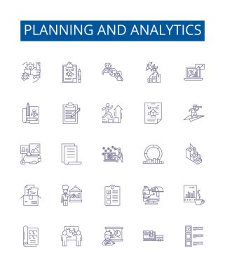 Planlama ve analiz çizgisi simgeleri ayarlandı. Tasarım koleksiyonu: Planlama, Analiz, Strateji, Tahminleme, Değerlendirme, Analiz, İyimserleştirme, Tasarım ana hatları vektör çizimleri