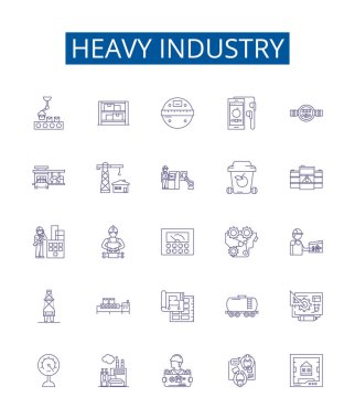 Ağır sanayi çizgisi simgeleri belirlendi. Üretim, Üretim, Üretim, Makineleme, Madencilik, Metalurji, Otomasyon, Robotik, Çelik yapımı vektör çizimi tasarımı