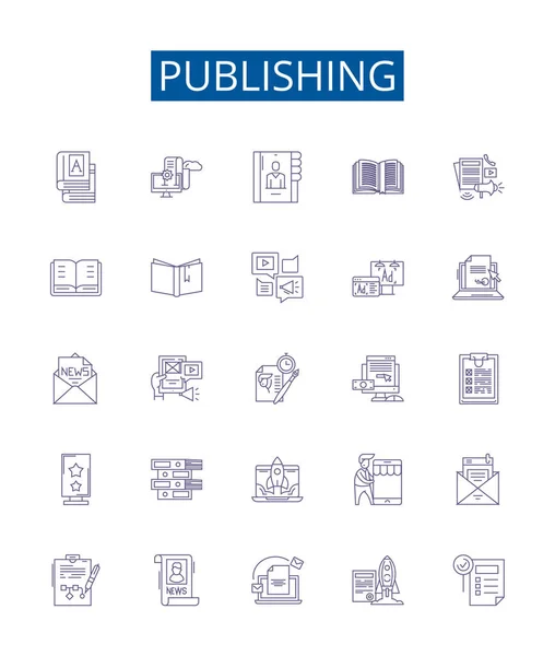Набор Иконок Публикации Коллекция Дизайна Печатных Изданий Распространения Редактирования Маркетинга — стоковый вектор