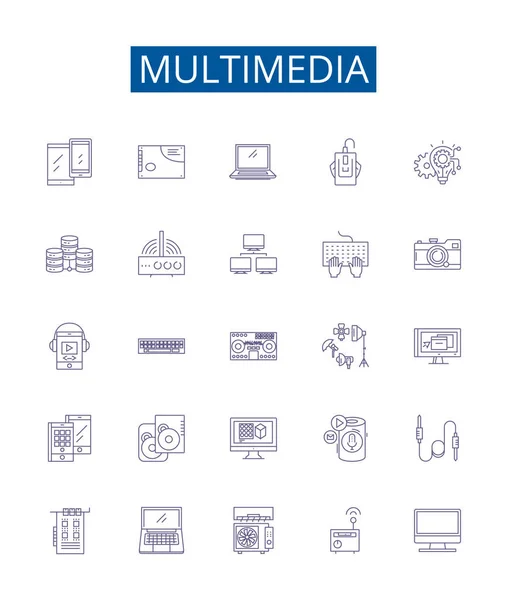 Ikony Linii Multimedialnej Ustawione Kolekcja Projektowa Audio Video Grafika Animacja — Wektor stockowy