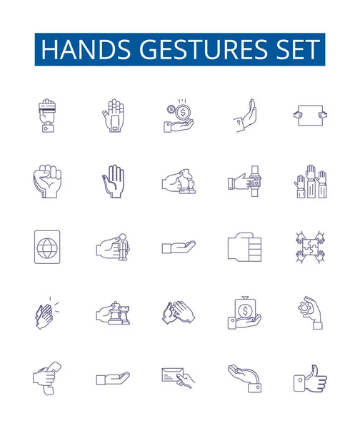 stock vector Hands gestures set line icons signs set. Design collection of Gesticulate, Waving, Pointing, Grasping, Clasping, Signaling, Flourishing, Flicking outline vector concept illustrations