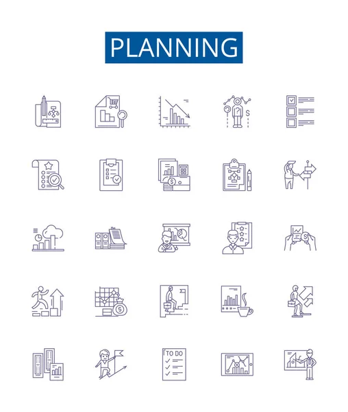 Planning Line Icons Signs Set Design Collection Organizing Scheduling Forecasting — Stock Vector