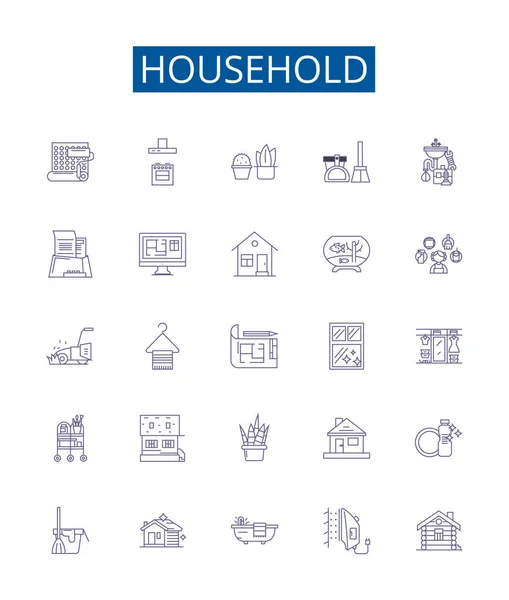 stock vector Household line icons signs set. Design collection of Home, Dwelling, Furniture, Appliances, Cleaning, Washing, Cooking, Decor outline vector concept illustrations