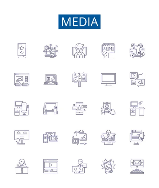 Média Vonal Ikonok Beállítva Design Gyűjteménye Média Újságírás Műsorszórás Nyomtatás — Stock Vector