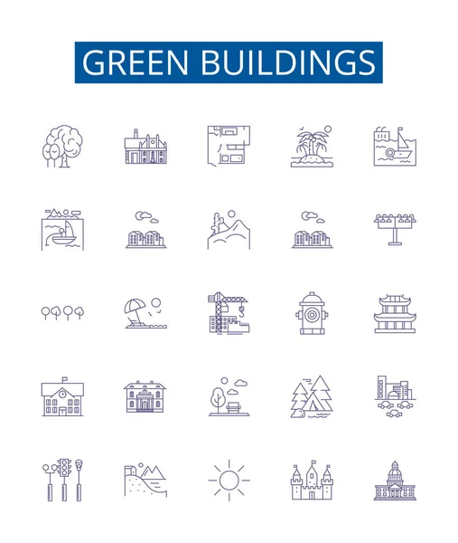 Πράσινο Κτίρια Γραμμή Εικονίδια Σήματα Που Design Collection Ecological Sustainable — Διανυσματικό Αρχείο