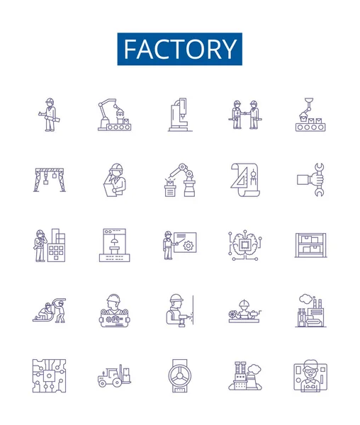 Línea Fábrica Iconos Letreros Conjunto Diseño Colección Fábrica Fabricación Industrial — Archivo Imágenes Vectoriales