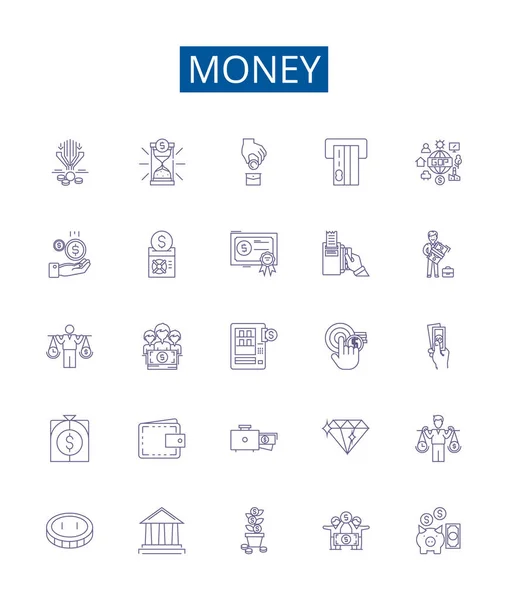 Línea Dinero Iconos Signos Establecidos Colección Diseño Efectivo Moneda Patrimonio — Vector de stock