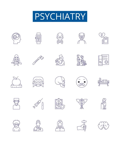 精神病学线图标设置的标志 精神病学 心理治疗 精神疾病概貌 病媒概念图解设计集 — 图库矢量图片