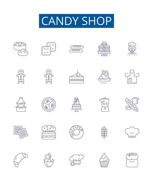 Caramelo Línea Tienda Iconos Conjunto Letreros Diseño Colección Dulces Tienda — Vector de stock