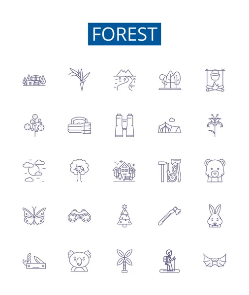 Erdővonal Ikonok Beállítva Design Gyűjteménye Woodland Fák Dzsungel Liget Bush — Stock Vector
