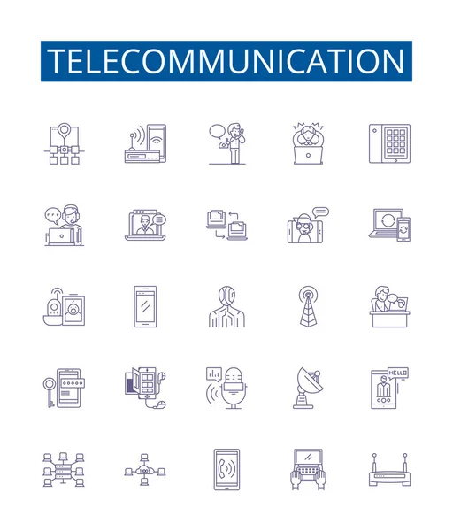 Telekomünikasyon Çizgisi Simgeleri Ayarlandı Telecom Networking Communication Transmission Wireless Voip — Stok Vektör