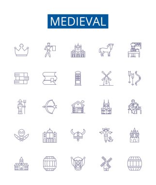 Ortaçağ çizgi simgeleri ayarlandı. Ortaçağ, Şövalyeler, Kaleler, Zırhlar, Monarşiler, Feodalizm, Haçlı Seferleri, Kiliselerin tasarım koleksiyonu.