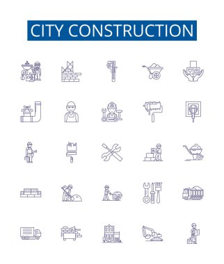 Şehir inşaat çizgisi simgeleri ayarlandı. Kentsellik, mimarlık, altyapı, yapı, yapı, belediye, metropol, konut, sivil ana hatlar vektör çizimleri tasarımı