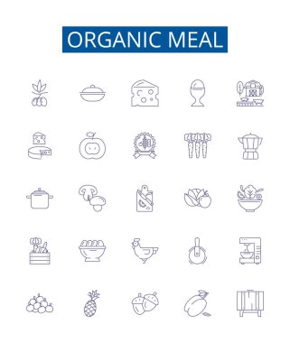 Organik yemek çizgisi simgeleri ayarlandı. Organik, Menü, Vejetaryen, Bitki temelli, Doğal, Vegan, Sağlıklı, Yerel kaynaklı tasarım vektör çizimleri