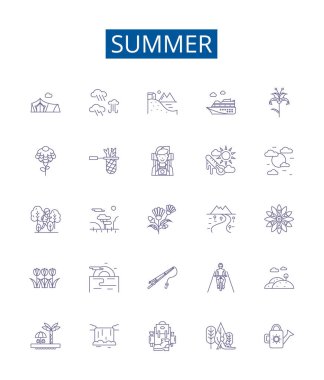 Yaz çizgisi simgeleri ayarlandı. Güneş, Isı, Tatil, Havuz, Plaj, BBBQ, Böcekler, Citrus ana hatları vektör çizimleri koleksiyonu