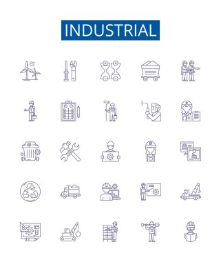 Endüstriyel çizgi simgeleri ayarlandı. Fabrika, Üretim, Mühendislik, Otomasyon, İnşaat, Makineler, İşlem, Güç ana hatları konsepti çizimleri tasarım koleksiyonu
