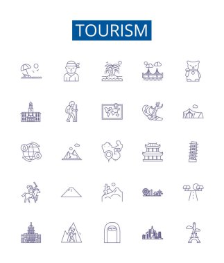 Turizm çizgisi simgeleri belirlendi. Seyahat, Gezi, Tatil, Seyahat, Macera, Oteller, Keşif, Seyahat konsepti çizimleri tasarım koleksiyonu