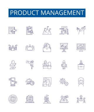Ürün yönetimi simgeleri ayarlandı. Ürün, Yönetim, Planlama, Tasarım, Geliştirme, İyimser, Çalıştırma, Araştırma ana hatları konsepti çizimleri koleksiyonu