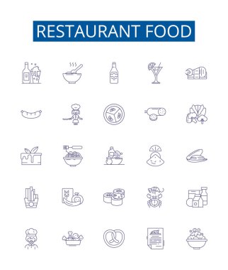 Restoran yemek hattı simgeleri ayarlandı. Mutfak, Yemek, Yemek, Lezzet, Gastronomi, Pizza, Suşi, Erişte ana hatlı vektör çizimleri tasarım koleksiyonu