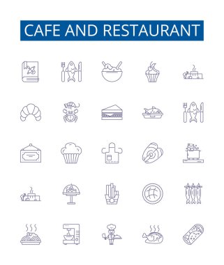 Kafe ve restoran çizgisi simgeleri ayarlandı. Kafe, restoran, mutfak, menü, malzemeler, tarifler, hazırlık, sunum taslağı çizimleri tasarım koleksiyonu