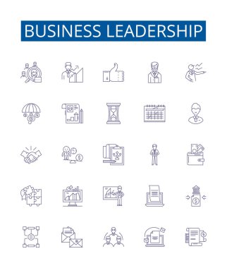 İş dünyası liderlik çizgisi simgeleri belirlendi. Liderlik, İş, Yönetim, Girişimcilik, Yenilik, Strateji, Vizyon, Motivasyon ana hatları vektör çizimleri tasarım koleksiyonu