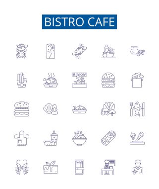 Bistro kafe çizgisi simgeleri ayarlandı. Bistro, Cafe, Yemek, Restoran, Mutfak, Kahve, Kahvaltı, Öğle Yemeği ana hatları vektör çizimleri tasarımı