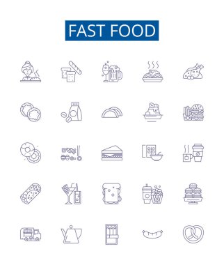 Fast food çizgisi simgeleri ayarlandı. Burger, Taco, Fries, Pizza, Kebap, Sandviç, Hotdog, Takeaway vektör çizimleri tasarım koleksiyonu