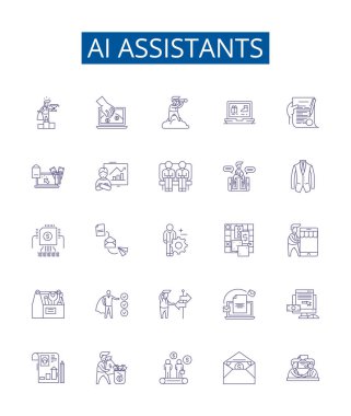 Ai asistanları çizgi simgeleri ayarlandı. Yapay zeka, asistanlar, asistanlar, Alexa, Siri, Cortana, Google, Home outline vektör çizimleri tasarım koleksiyonu