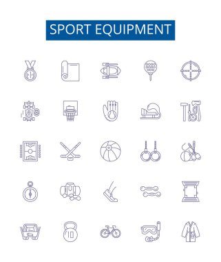 Spor malzemeleri çizgisi simgeleri ayarlandı. Dişliler, Toplar, Raketler, Netler, Ayakkabılar, Başlıklar, Kasklar, Dolgu Hattı vektör çizimleri koleksiyonu
